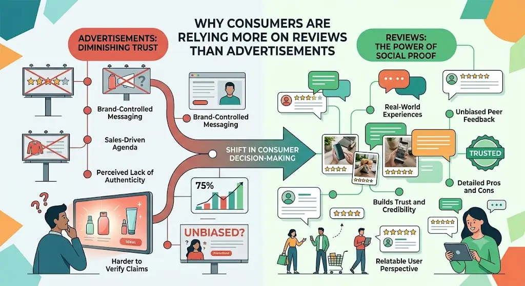 Illustration of shoppers reading online customer reviews and ratings before making a purchase, highlighting growing trust in real user experiences over advertisements.