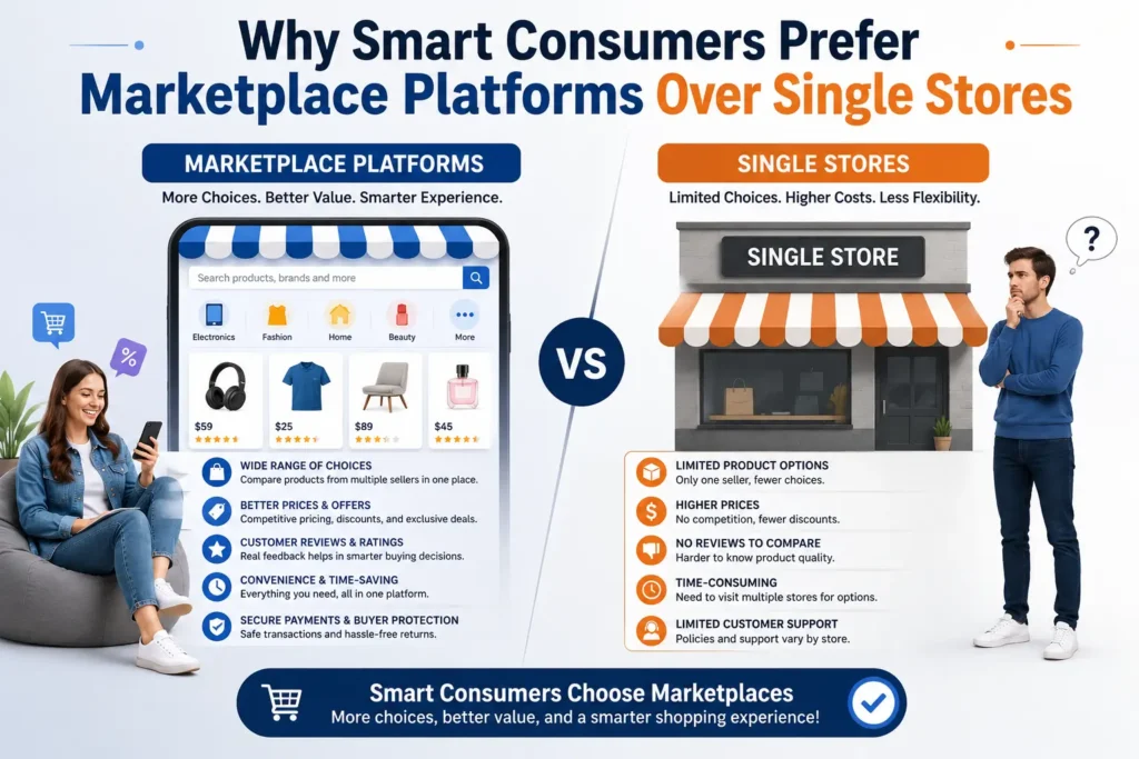 A professional comparison graphic showing why smart consumers prefer marketplace platforms over single stores, highlighting wider product choices, competitive pricing, easy comparisons, and greater shopping convenience.
