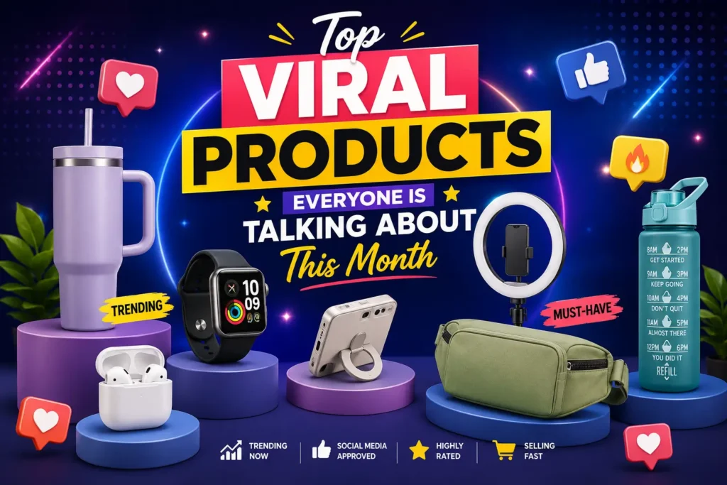 A colorful promotional graphic showcasing trending viral products including a smartwatch, wireless earbuds, ring light, tumbler, fitness water bottle, phone stand, and crossbody bag with the headline "Top Viral Products Everyone Is Talking About This Month."