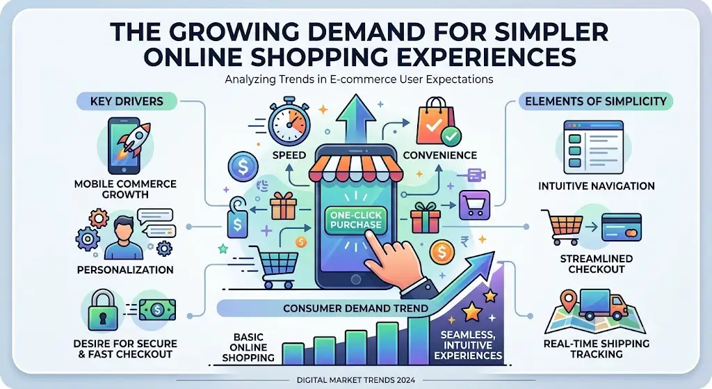 The Growing Demand for Simpler Online Shopping Experiences, featuring a user-friendly shopping interface, streamlined navigation, and effortless digital purchasing.