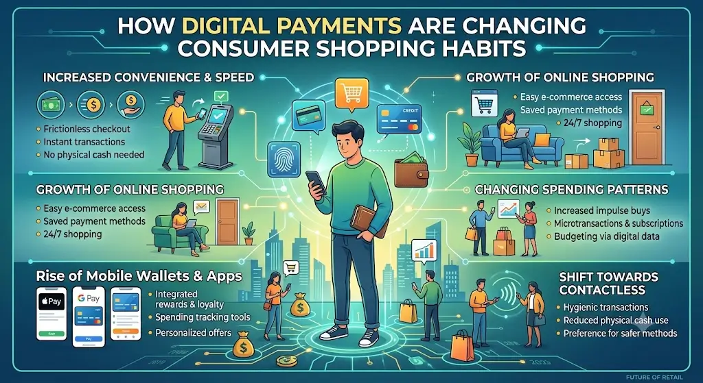 How Digital Payments Are Changing Consumer Shopping Habits, featuring mobile wallets, contactless payments, and seamless online transactions.