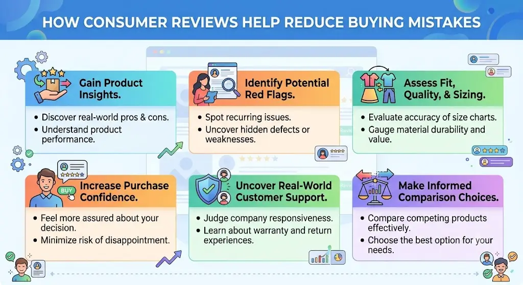 A shopper reading verified customer reviews and comparing product ratings online before completing a purchase.