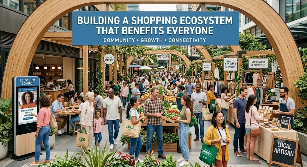 Illustration of a connected shopping ecosystem where consumers, brands, and retailers collaborate to create a seamless, transparent, and rewarding shopping experience.