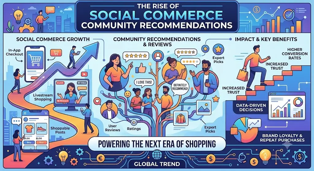 People using smartphones to discover and purchase products through social media, influenced by trusted community recommendations and customer reviews.