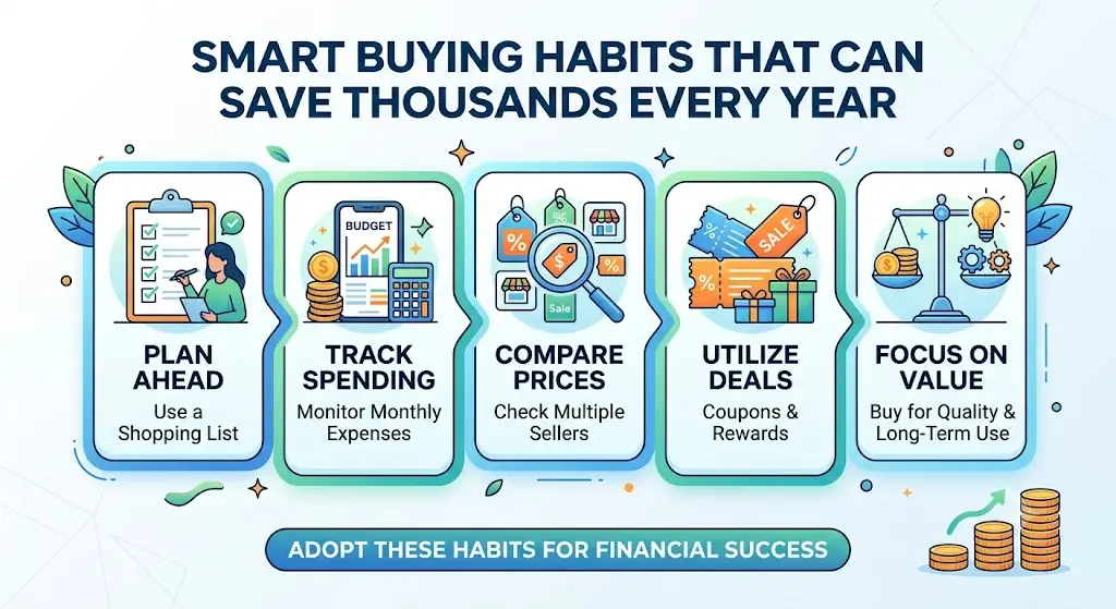 A person comparing prices, tracking expenses, and making informed shopping decisions to build smart buying habits that save thousands every year.