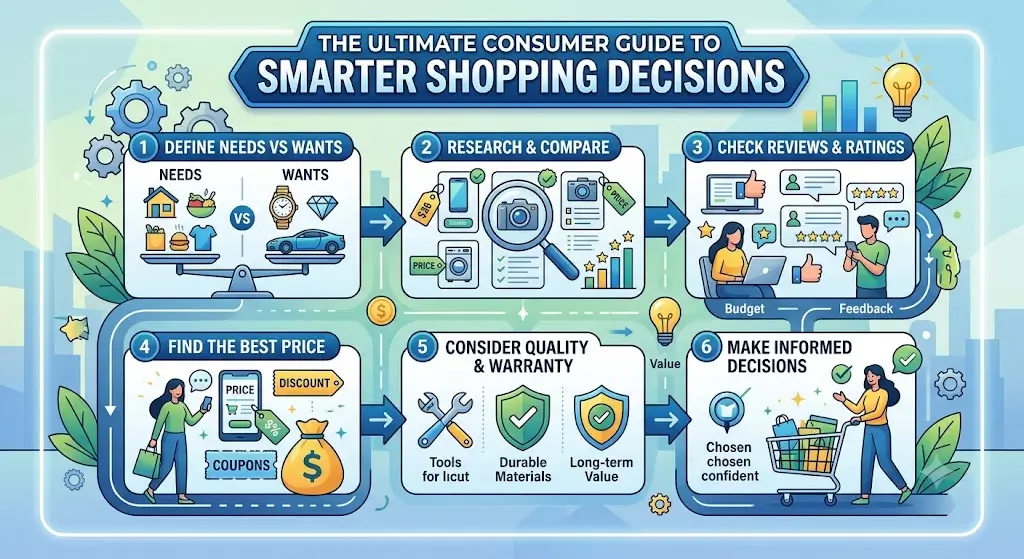 A shopper confidently compares products, prices, and reviews on a digital device, making smarter and more informed shopping decisions.