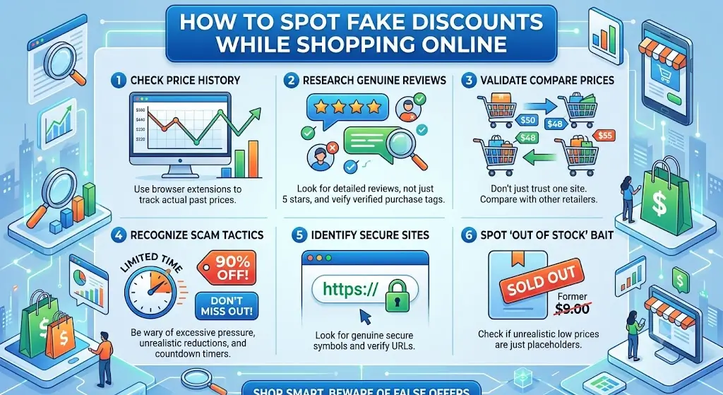How to Spot Fake Discounts While Shopping Online, featuring price comparisons, discount tags, and smart shopping tools to identify genuine deals.
