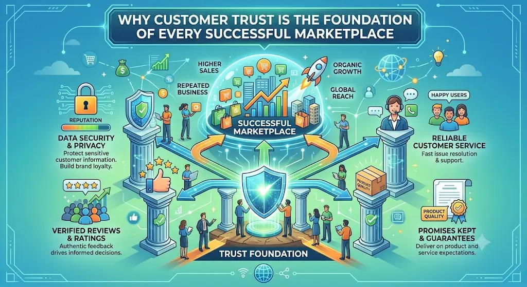 Why Customer Trust Is the Foundation of Every Successful Marketplace, featuring secure transactions, verified reviews, and positive buyer-seller interactions.