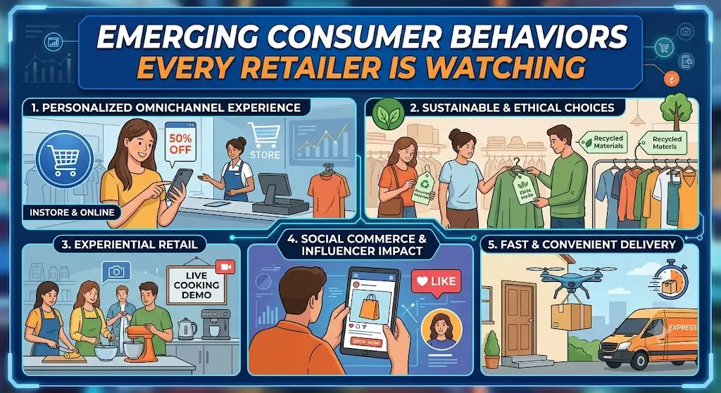 Illustration of modern shoppers using digital devices to compare products, read reviews, and make informed purchasing decisions, highlighting emerging consumer behaviors.