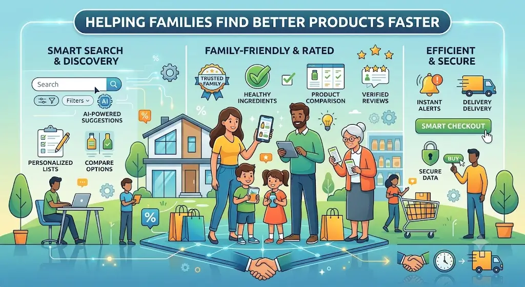 Helping Families Find Better Products Faster, featuring smart product comparisons, trusted recommendations, and family-focused shopping solutions.