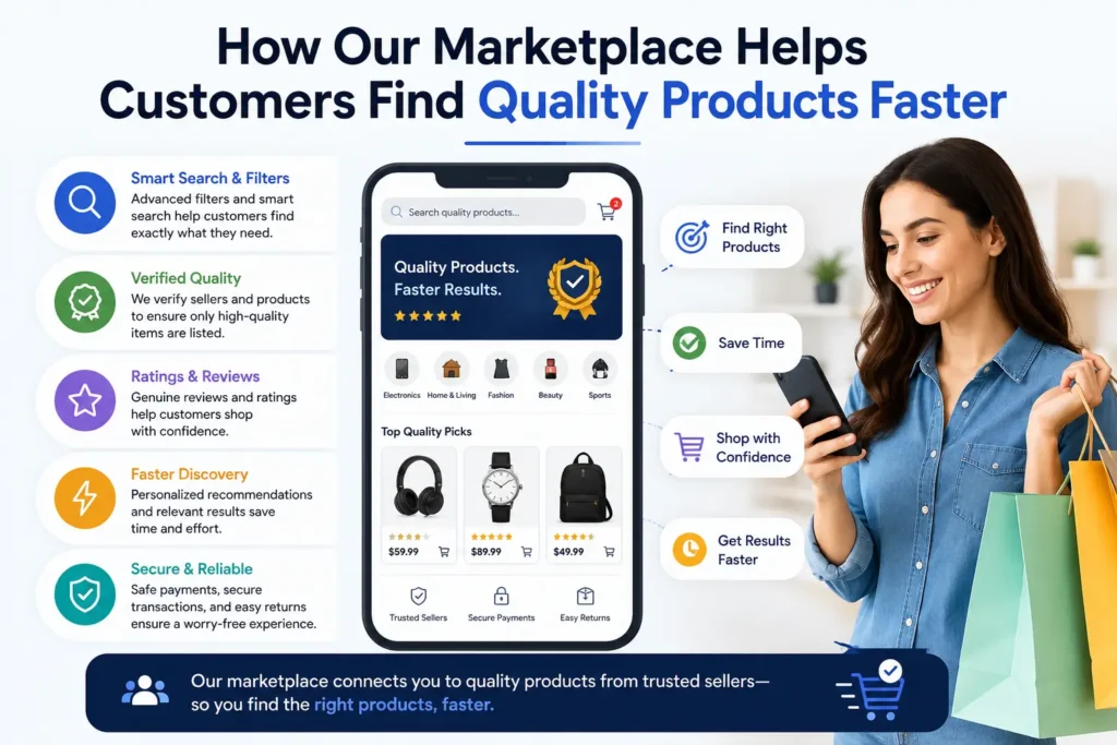 A professional e-commerce marketplace infographic titled “How Our Marketplace Helps Customers Find Quality Products Faster.” The design features a smartphone displaying a product marketplace with verified product listings, ratings, reviews, smart search filters, and secure shopping features. A smiling shopper holding shopping bags uses a mobile device while icons highlight benefits such as finding the right products, saving time, shopping with confidence, and getting faster results.