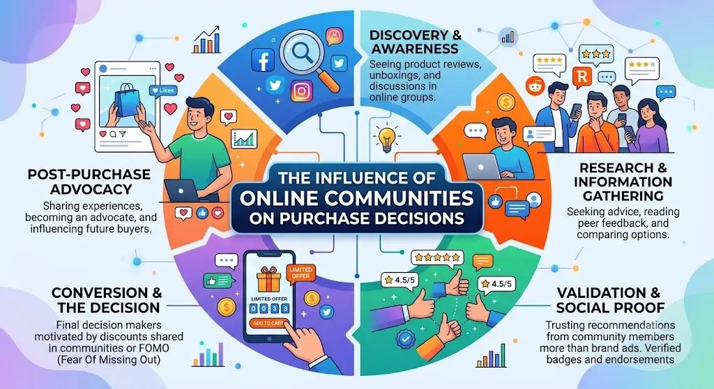 Illustration of people engaging in online communities, sharing product recommendations, reviews, and discussions that influence purchasing decisions.