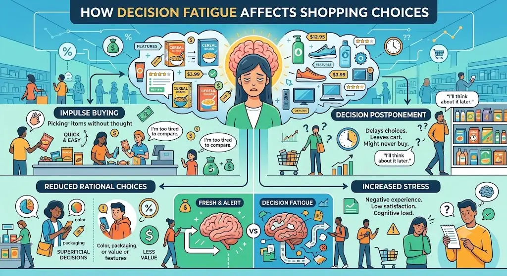 How Decision Fatigue Affects Shopping Choices, featuring consumers overwhelmed by multiple product options and purchasing decisions.