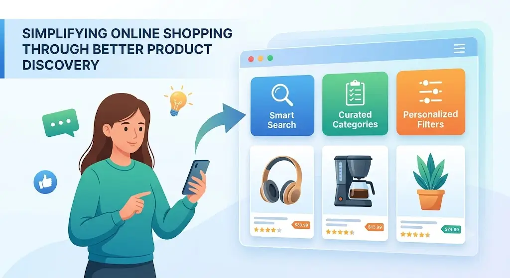 A person browsing an online marketplace with smart search filters and product recommendations, making product discovery faster and more convenient.