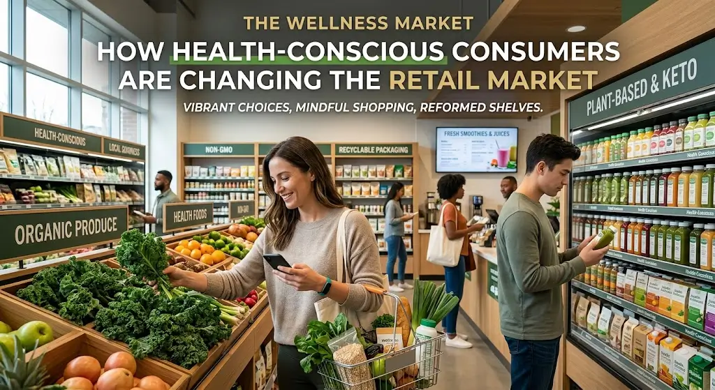 How Health-Conscious Consumers Are Changing the Retail Market, featuring nutritious products, wellness-focused shopping, and informed consumer choices.