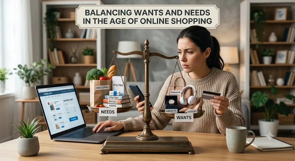 A shopper thoughtfully compares essential purchases with desired items while browsing an online store, highlighting the balance between needs and wants.