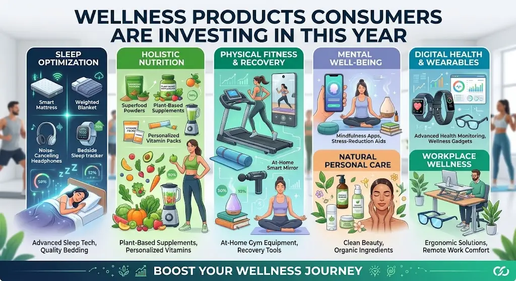 A professional infographic detailing current consumer wellness investments across sectors like sleep optimization, holistic nutrition, mental well-being, and digital health.