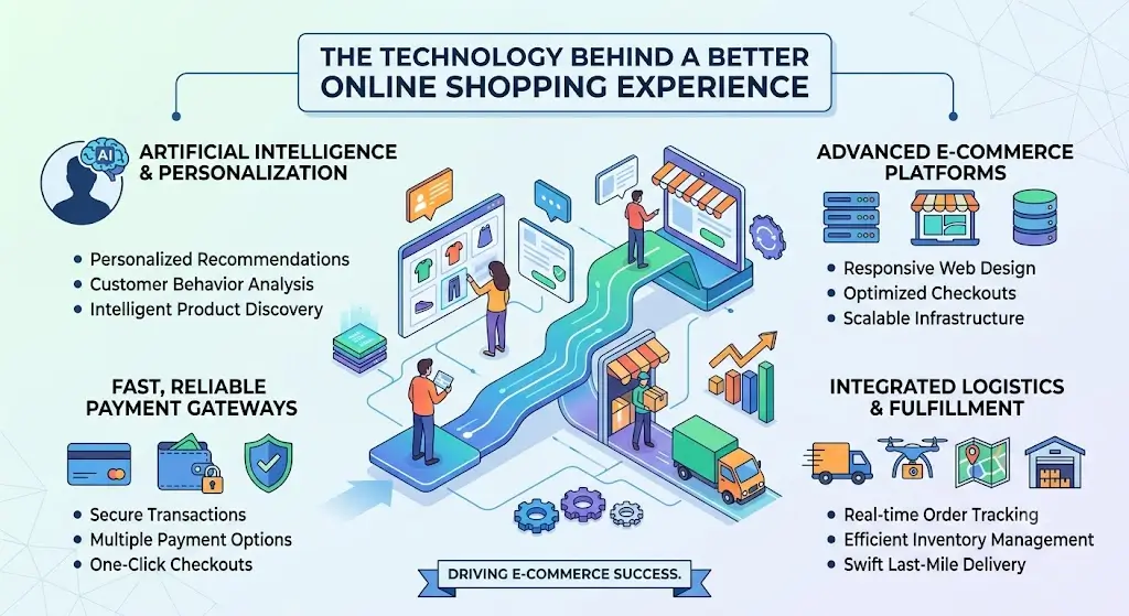 A modern isometric infographic illustrating the digital architecture that optimizes modern online shopping, featuring interconnected sections for AI, e-commerce platforms, payment gateways, and logistics.