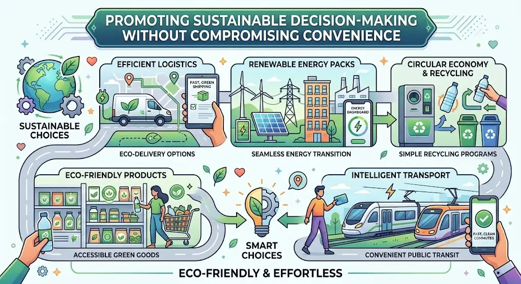 A shopper comparing eco-friendly products online using product ratings, sustainability information, and comparison tools before making a purchase.