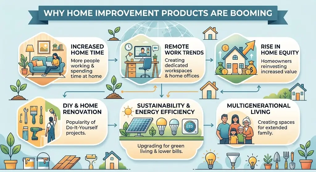 Modern home improvement tools, paint supplies, and renovation materials displayed in a stylish home, highlighting the growing demand for DIY and home upgrade products.