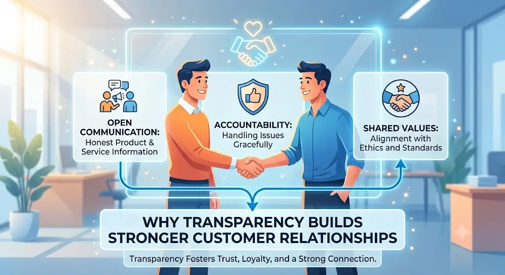 Transparent business communication with customers, highlighting honesty, trust, and clear product information that strengthens long-term customer relationships.