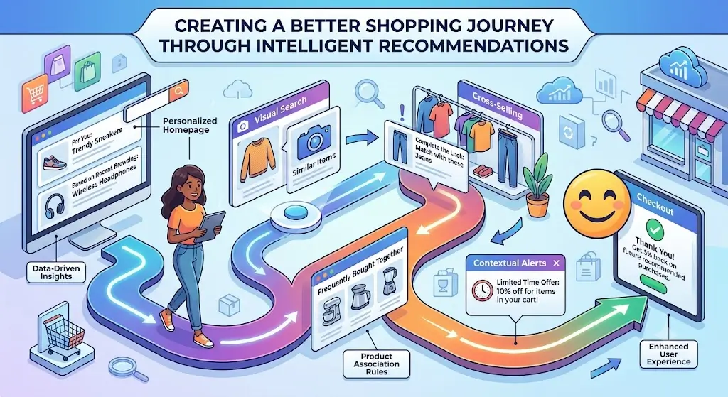 A shopper using a digital device receives personalized product recommendations, creating a smarter and more seamless online shopping experience.