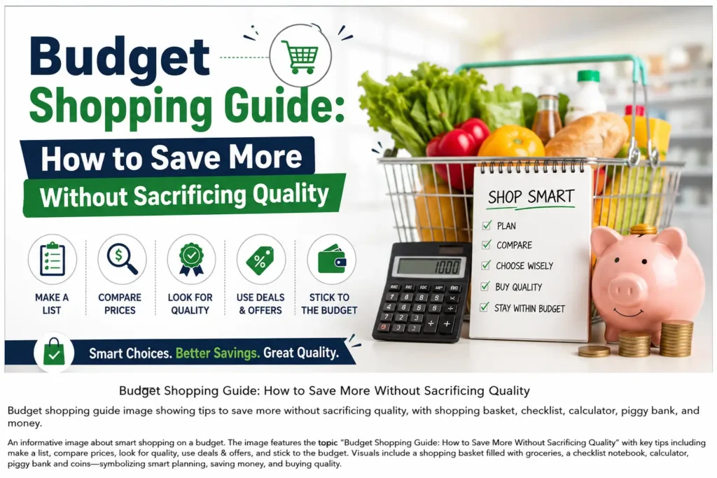 Budget Shopping Guide: How to Save More Without Sacrificing Quality, featuring a shopping cart, calculator, checklist, and piggy bank to represent smart spending and value-focused purchasing.