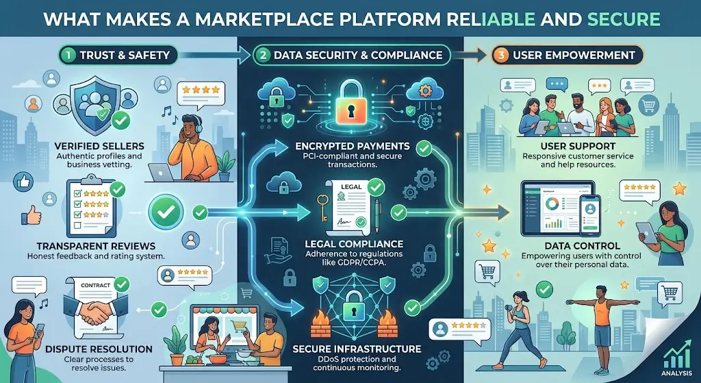 An interactive infographic, titled 'WHAT MAKES A MARKETPLACE PLATFORM RELIABLE AND SECURE,' detailing four key pillars: verified trust, secure compliance, robust infrastructure, and user empowerment.