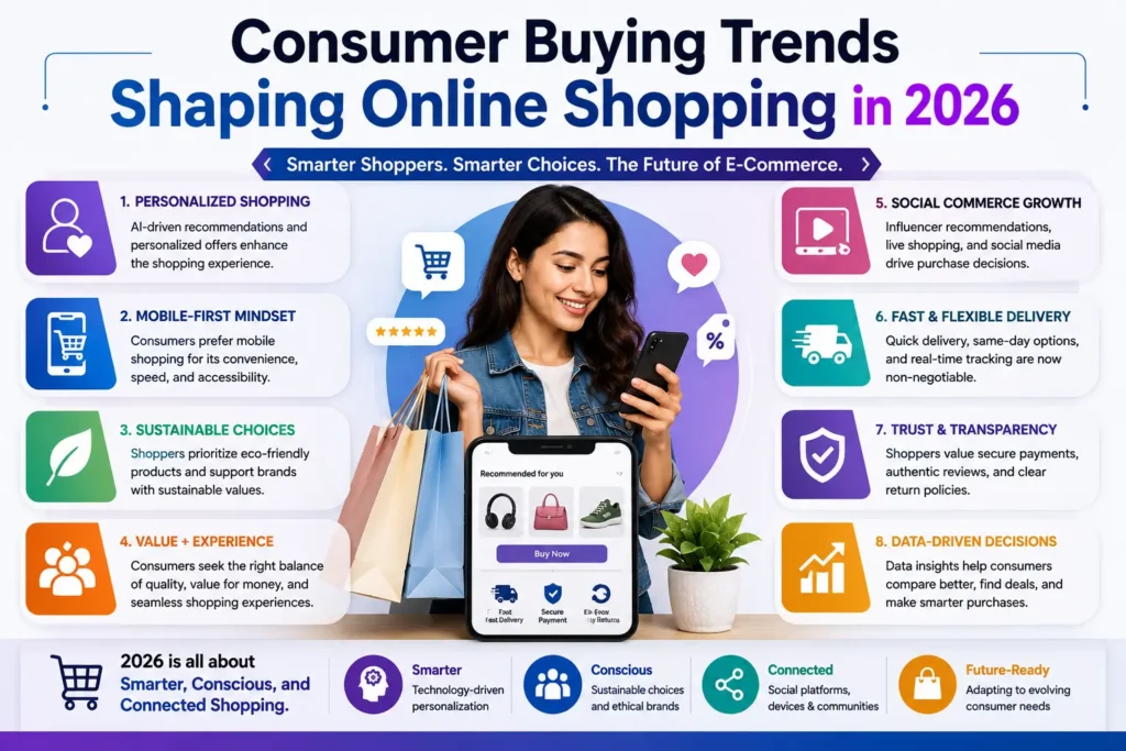 A professional infographic titled “Consumer Buying Trends Shaping Online Shopping in 2026” showcasing emerging e-commerce trends such as personalized shopping, mobile-first purchasing, sustainability, social commerce, and data-driven consumer decisions.