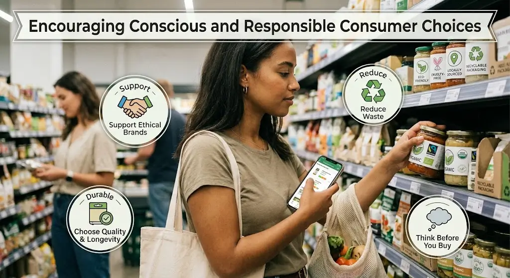 A shopper thoughtfully comparing products and choosing sustainable, ethical, and eco-friendly options to encourage conscious and responsible consumer choices.