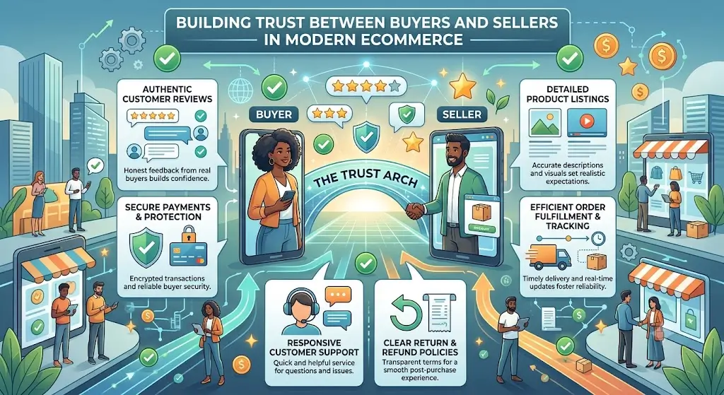 An infographic detailing strategies to build trust between buyers and sellers in modern ecommerce, emphasizing product quality, security, transparency, and service.