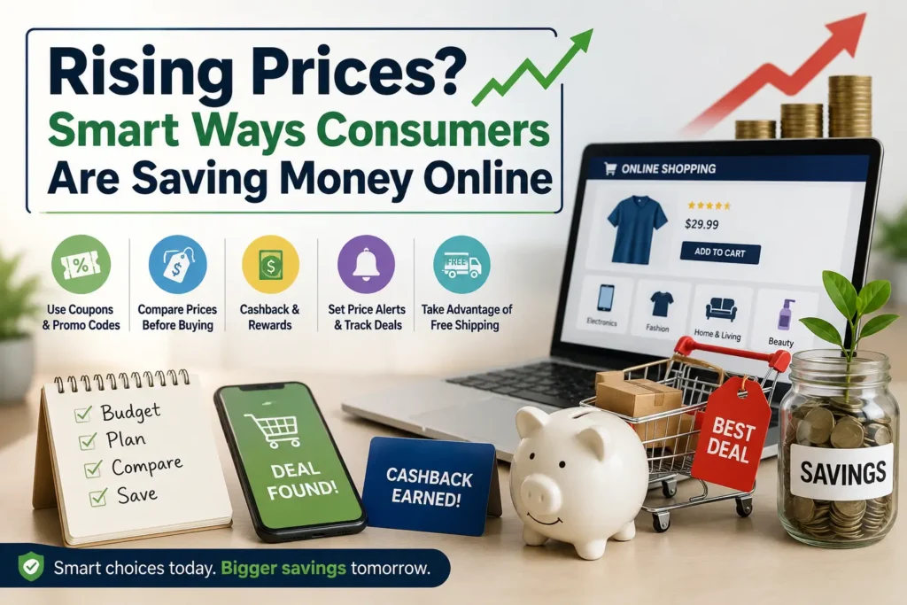 Illustration showing online shoppers using coupons, cashback offers, price comparisons, and free shipping strategies to save money amid rising prices, with the headline "Rising Prices? Smart Ways Consumers Are Saving Money Online."