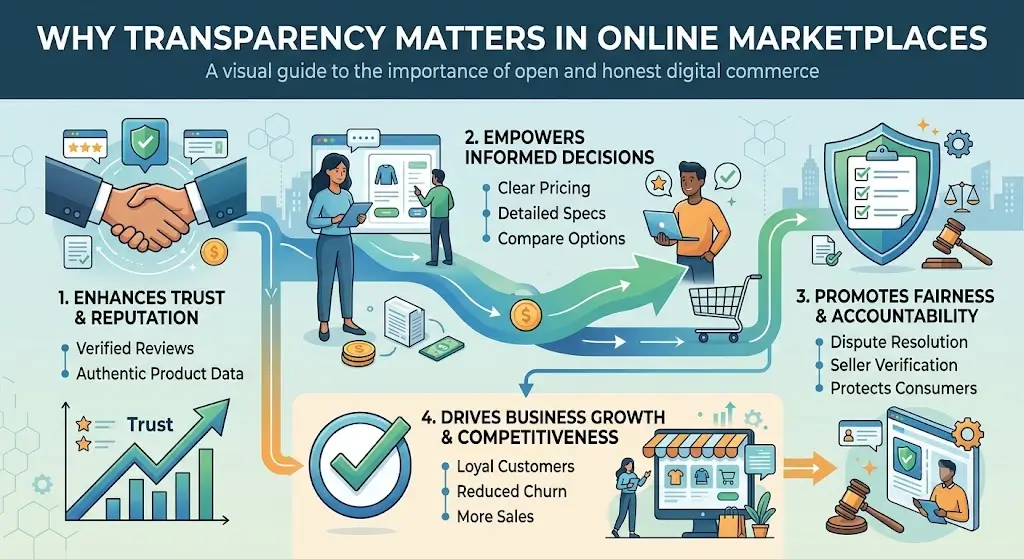 A professional business infographic titled "Why Transparency Matters in Online Marketplaces," detailing four key benefits: Enhancing Trust & Reputation, Empowering Informed Decisions, Promoting Fairness & Accountability, and Driving Business Growth & Competitiveness.