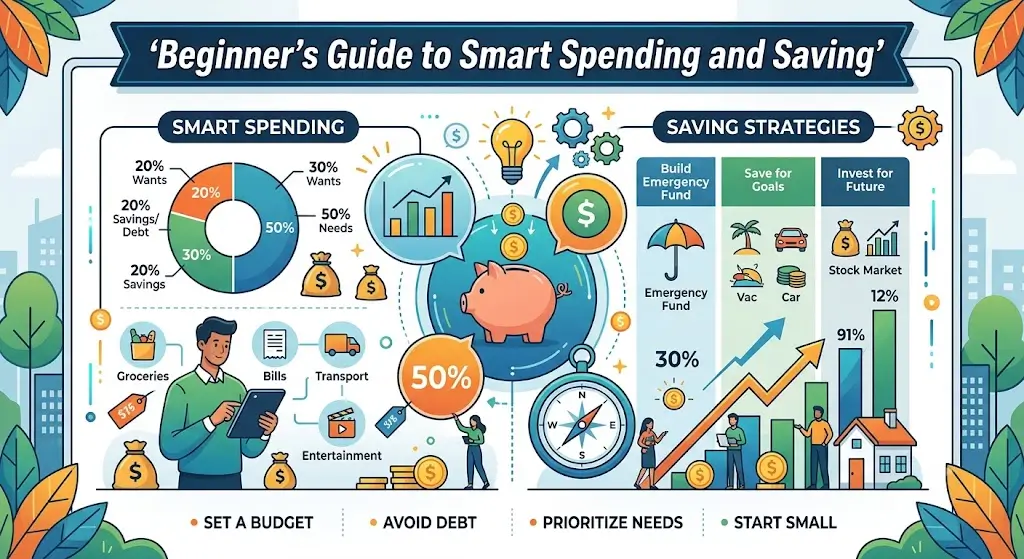 A person planning a budget with savings, expenses, and financial goals, illustrating smart spending and money-saving habits for beginners.