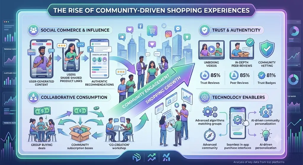 A detailed infographic, "THE RISE OF COMMUNITY-DRIVEN SHOPPING EXPERIENCES," visually analyzing four key areas: social influence, peer trust, collaborative buying, and personalized technology.