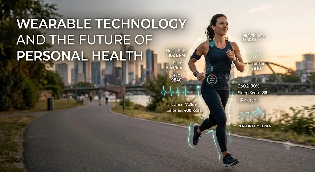 A person wearing a smartwatch and fitness tracker while monitoring heart rate and health metrics, representing the future of wearable technology in personal healthcare.