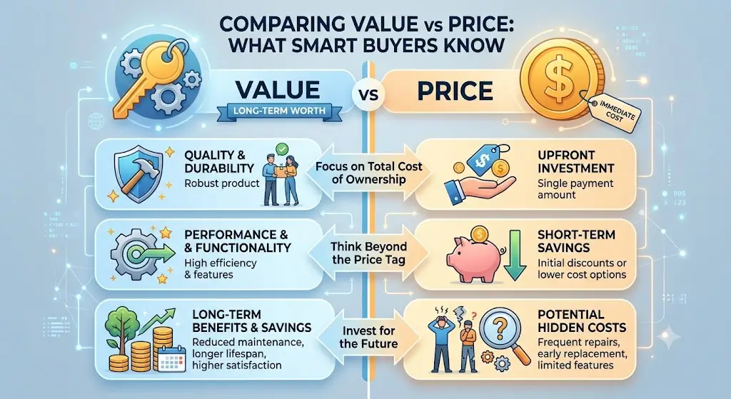 A professional comparison graphic showing value versus price with shopping icons, highlighting how smart buyers evaluate quality, features, and long-term benefits over cost.