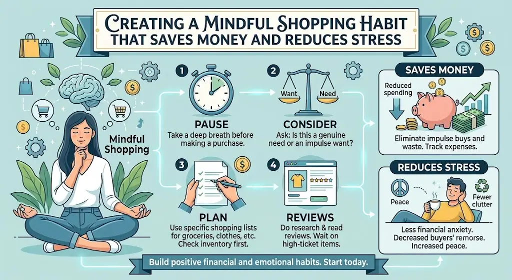 An infographic titled "Creating a Mindful Shopping Habit That Saves Money and Reduces Stress," featuring a four-step process (Pause, Consider, Plan, Reviews) alongside financial and emotional benefits.