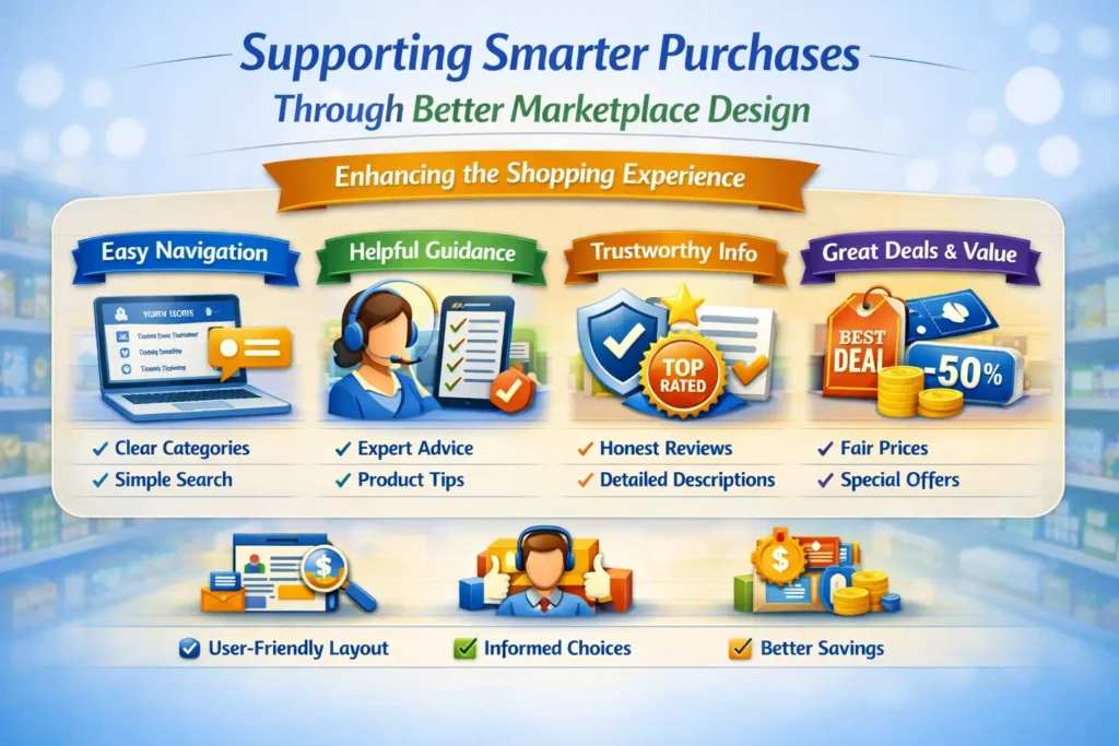 A user-friendly online marketplace showing organized product categories, comparison tools, customer reviews, and search filters for smarter shopping.