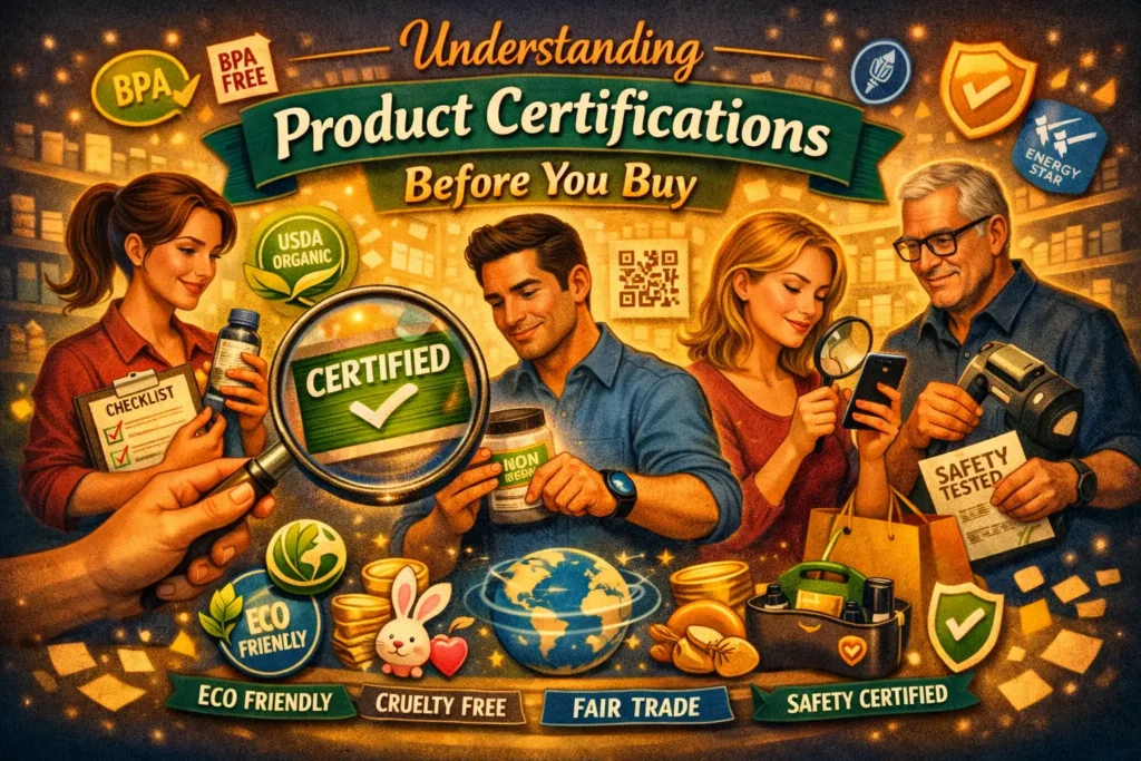 Product labels and certification badges helping shoppers verify quality, safety, and authenticity before making a purchase.