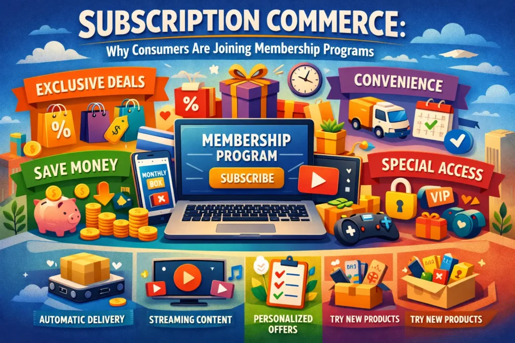 Illustration of subscription commerce highlighting consumers joining membership programs for exclusive benefits, savings, and personalized shopping experiences.