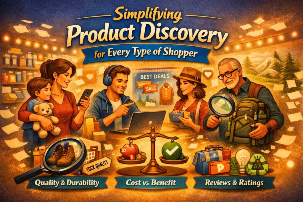 A user-friendly digital shopping interface helping different types of shoppers quickly discover products through personalized categories and smart search tools.