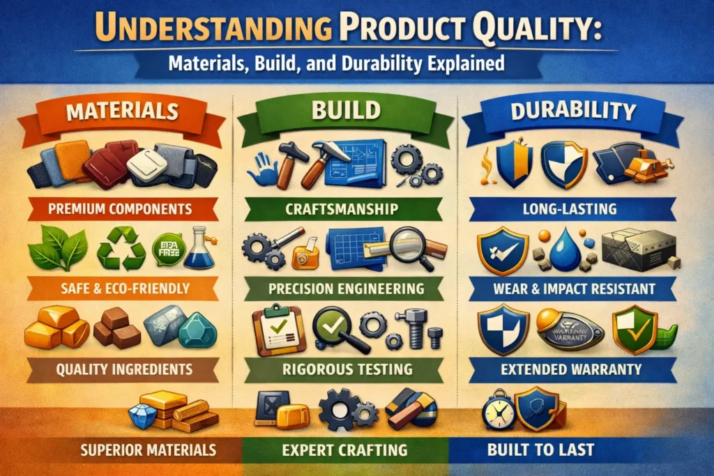 A visual guide highlighting product quality through premium materials, sturdy construction, and long-lasting durability for smarter purchasing decisions.