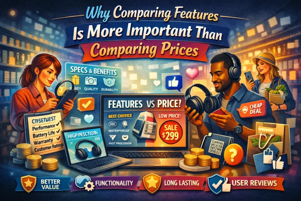 A shopper comparing product features across multiple options to make a smart, value-driven purchase instead of focusing only on price.