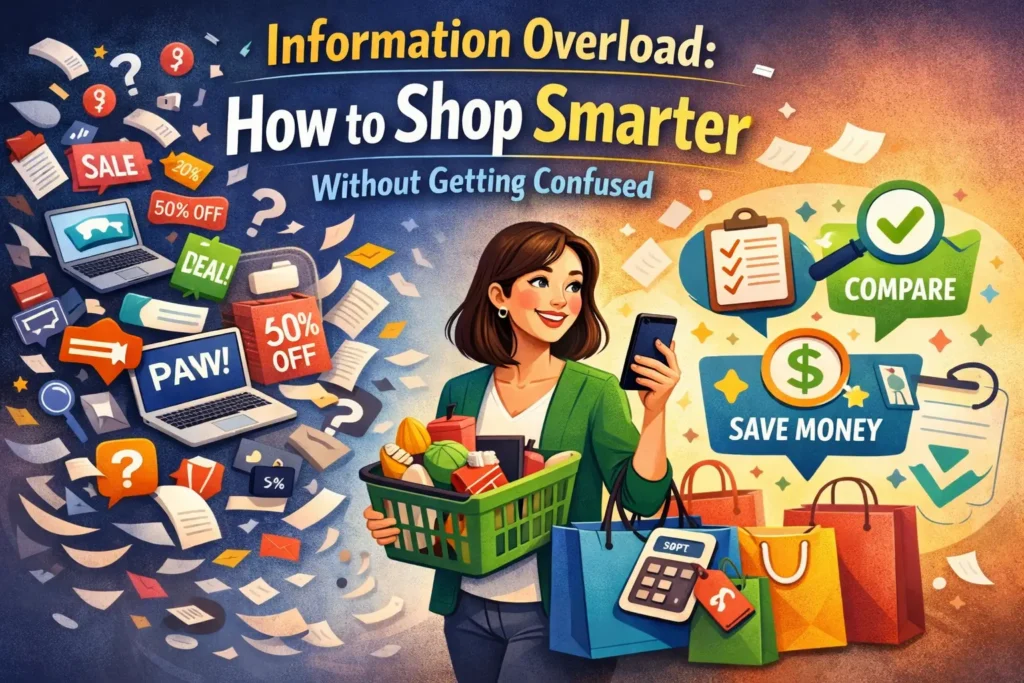 Information Overload: How to Shop Smarter Without Getting Confused, featuring organized product comparisons, filtered choices, and confident purchasing decisions.