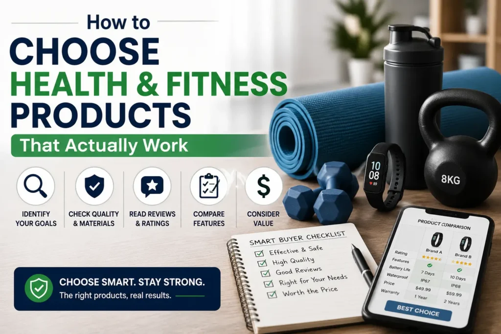 A professional health and fitness product comparison scene featuring workout equipment, a fitness tracker, and a product evaluation checklist to help consumers choose effective wellness products.
