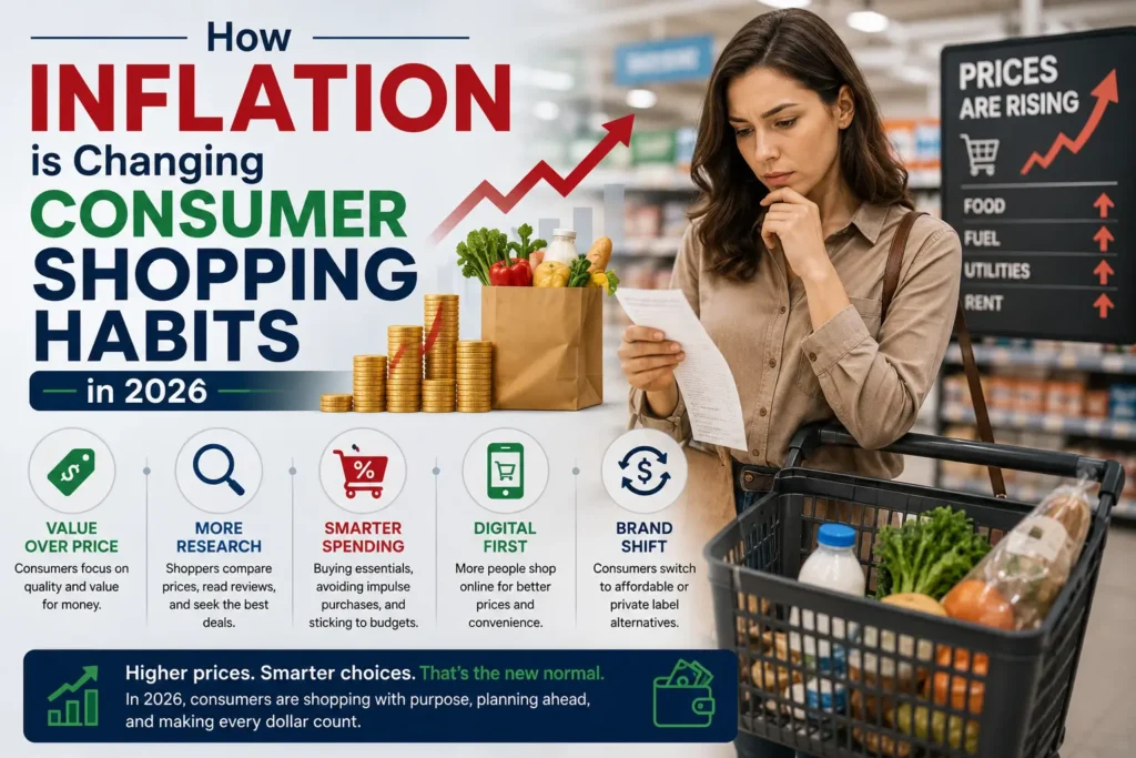 A consumer reviews shopping expenses in a supermarket while inflation indicators and rising prices illustrate changing purchasing habits and budget-conscious decisions in 2026.
