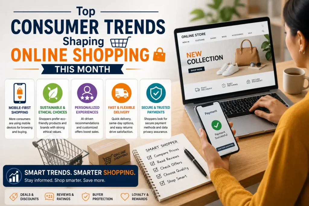 A shopper uses a laptop and smartphone to explore online stores while visual highlights showcase the latest consumer trends influencing digital shopping behavior this month.