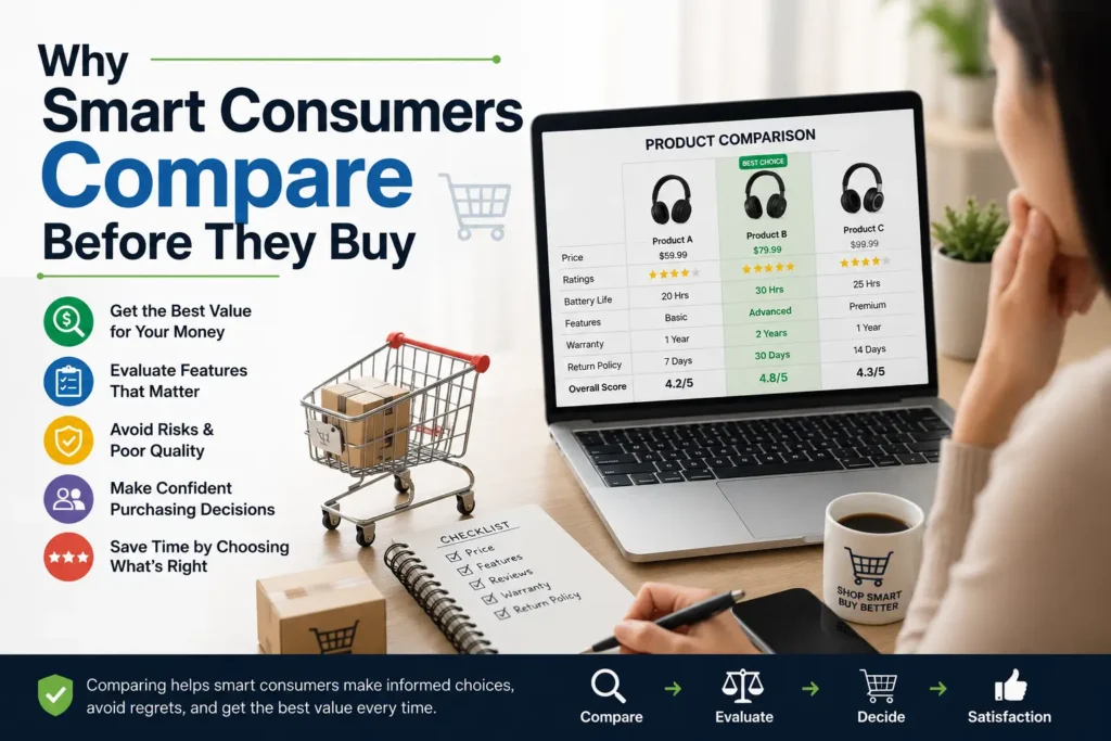 A professional online shopping comparison scene showing a consumer evaluating products, prices, features, and reviews before making a purchase decision.