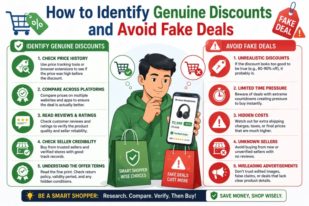 Shopper comparing product prices and discount offers online to verify authentic deals and avoid misleading promotions.